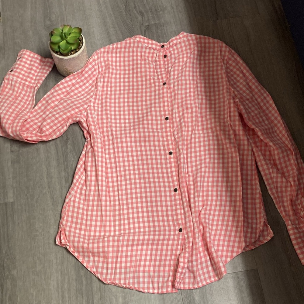 Maurice’s White Pink Gingham/Plaid Long Sleeve Shirt Keyhole Neck Top Women’s XL